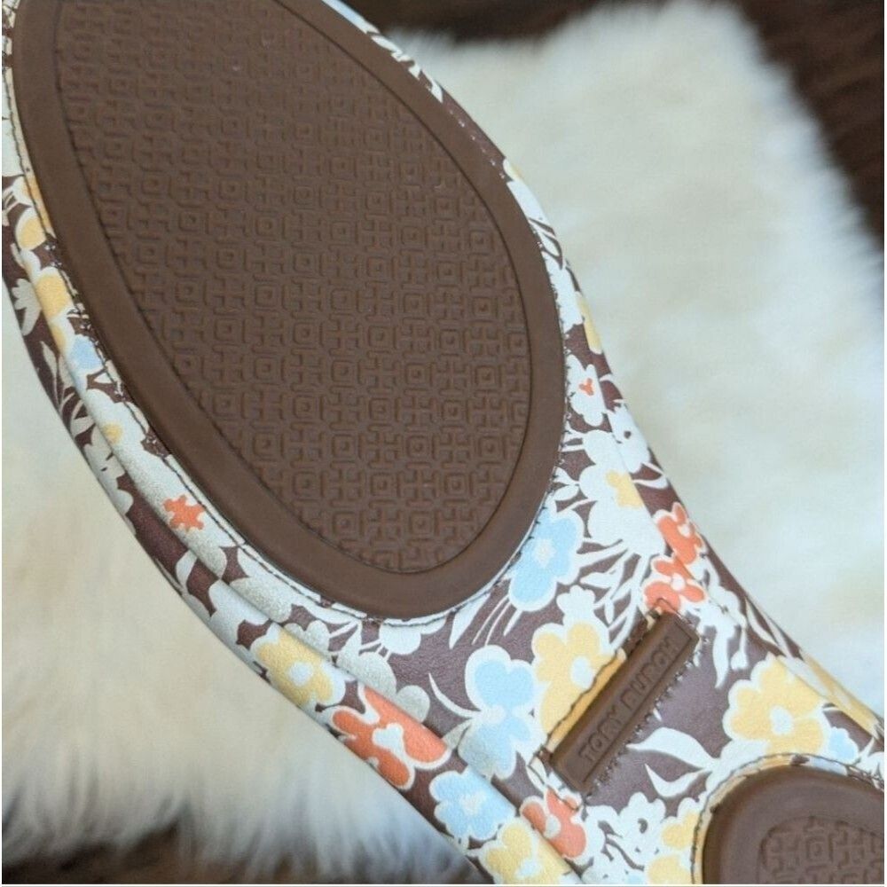 TORY BURCH MINNIE Brown FLORAL TRAVEL FLATS LEATHER BROWN REVERIE COMBO LOGO 10 - Picture 5 of 6